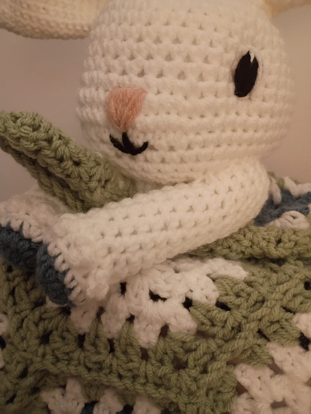 Handmade Bunny Lovey Blanket in White, Sage and Blue